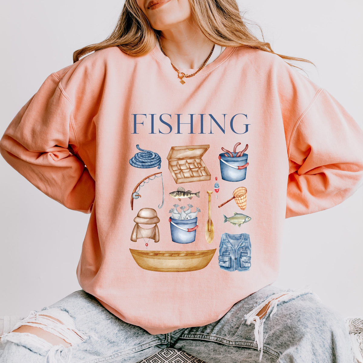 Fishing Watercolor Collage - Women's Lightweight Garment Dyed Sweatshirt