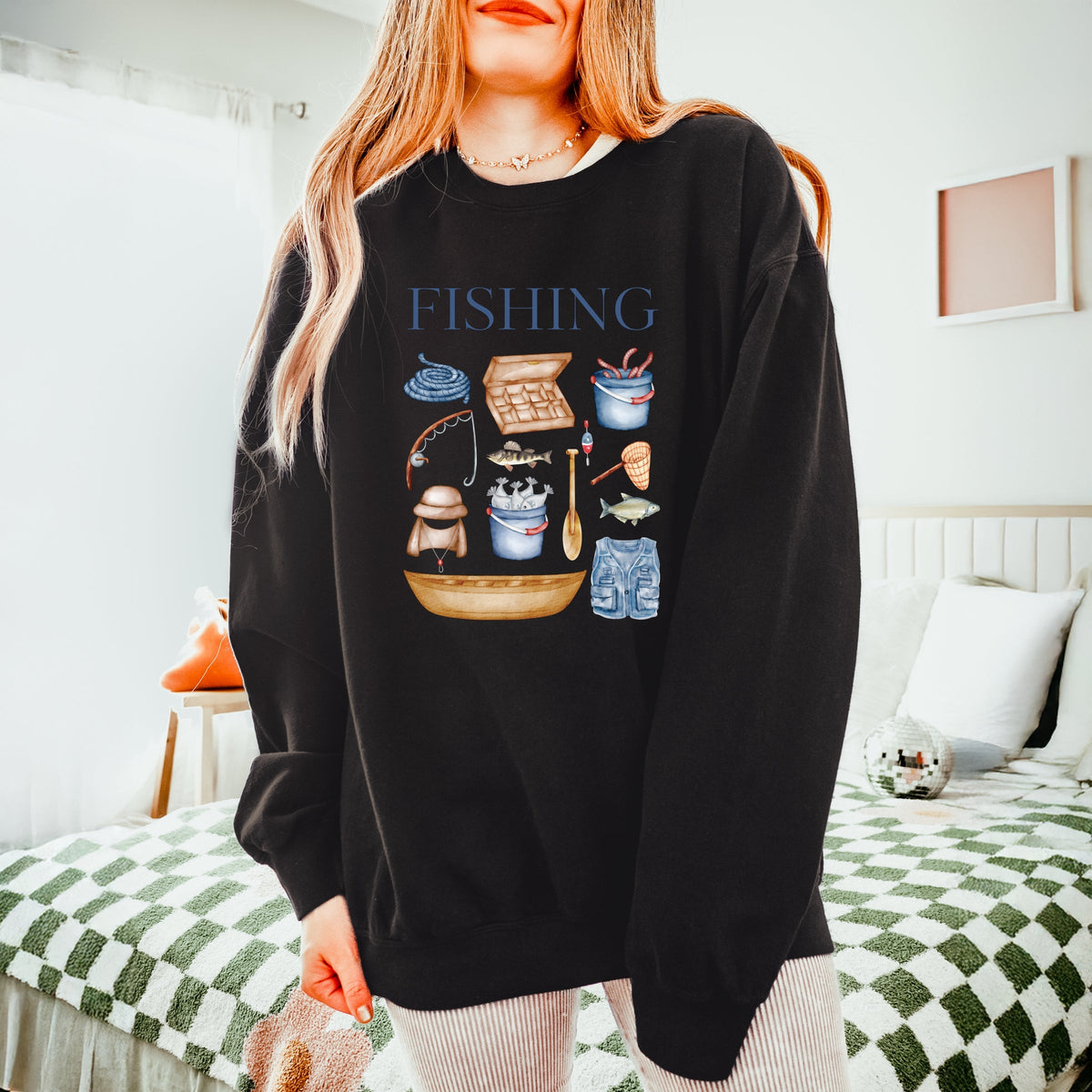 Fishing Watercolor Collage - Women's Lightweight Garment Dyed Sweatshirt