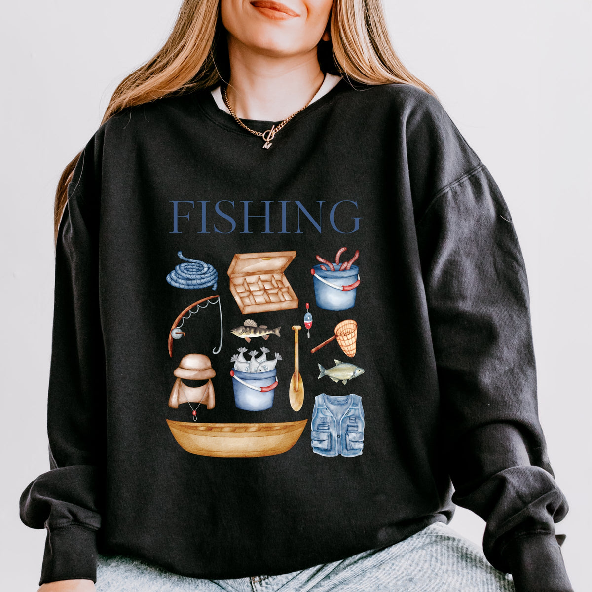Fishing Watercolor Collage - Women's Lightweight Garment Dyed Sweatshirt