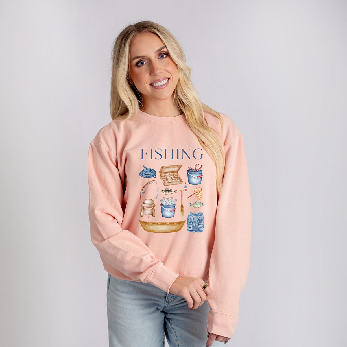 Fishing Watercolor Collage - Women's Lightweight Garment Dyed Sweatshirt