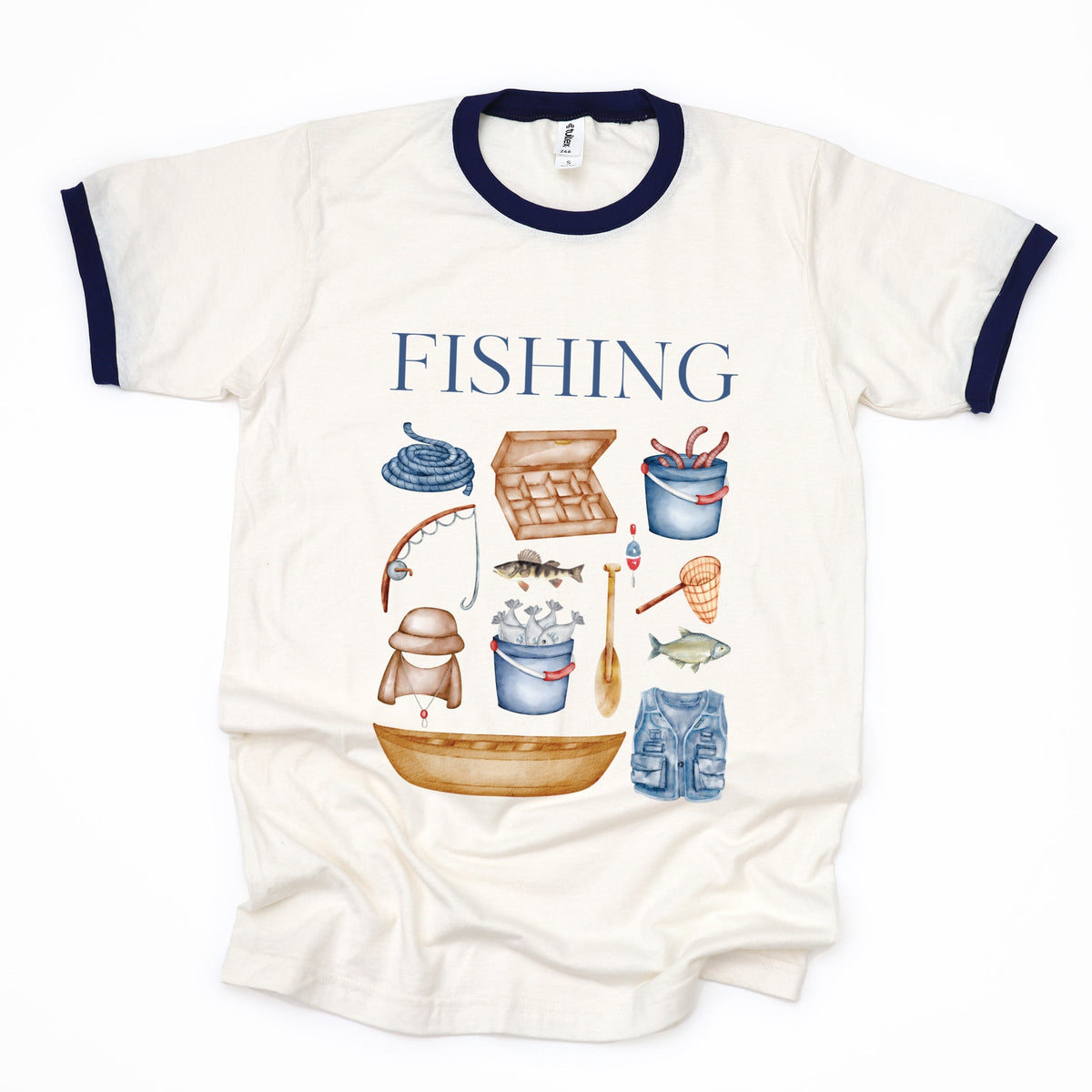 Fishing Watercolor Collage - Women's Ringer Graphic T-Shirt