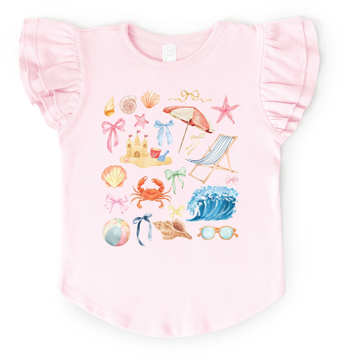 Beach Collage Watercolor - Flutter Sleeve Graphic T-Shirt