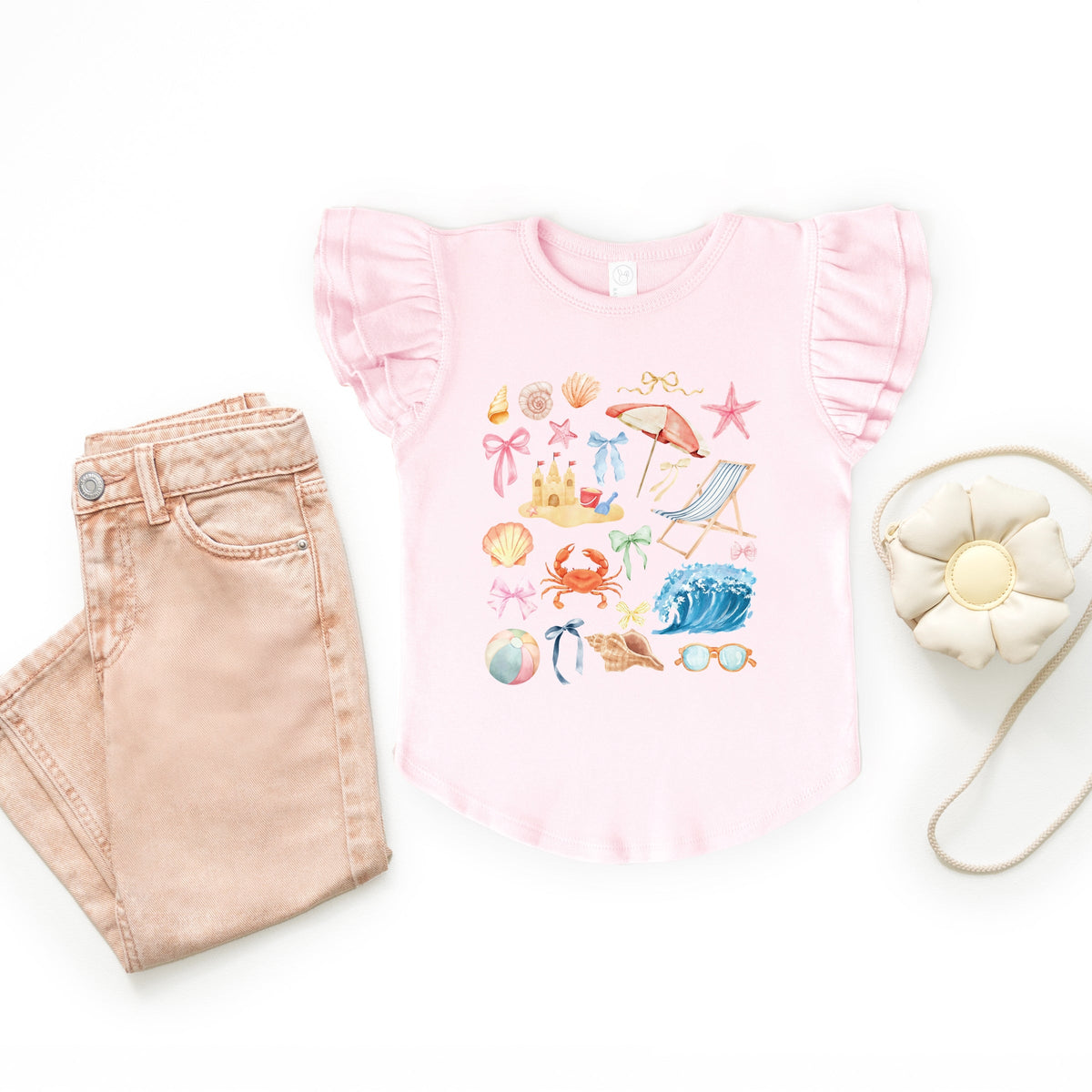 Beach Collage Watercolor - Flutter Sleeve Graphic T-Shirt