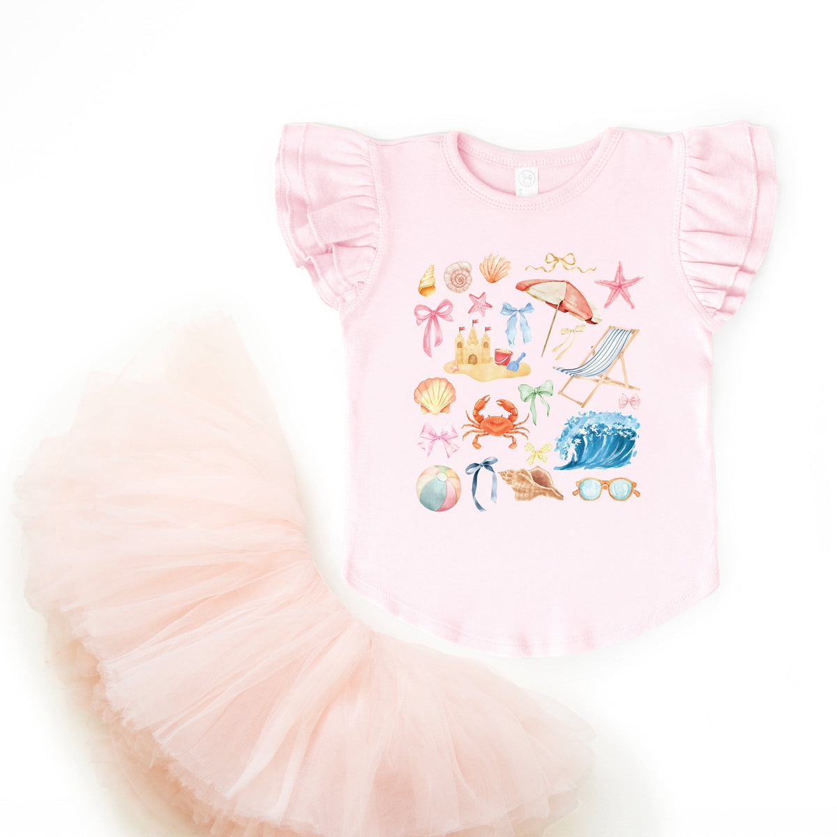 Beach Collage Watercolor - Flutter Sleeve Graphic T-Shirt