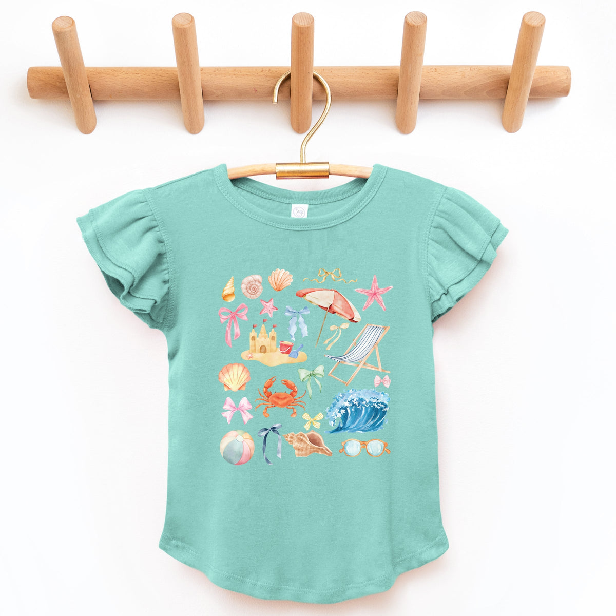 Beach Collage Watercolor - Flutter Sleeve Graphic T-Shirt
