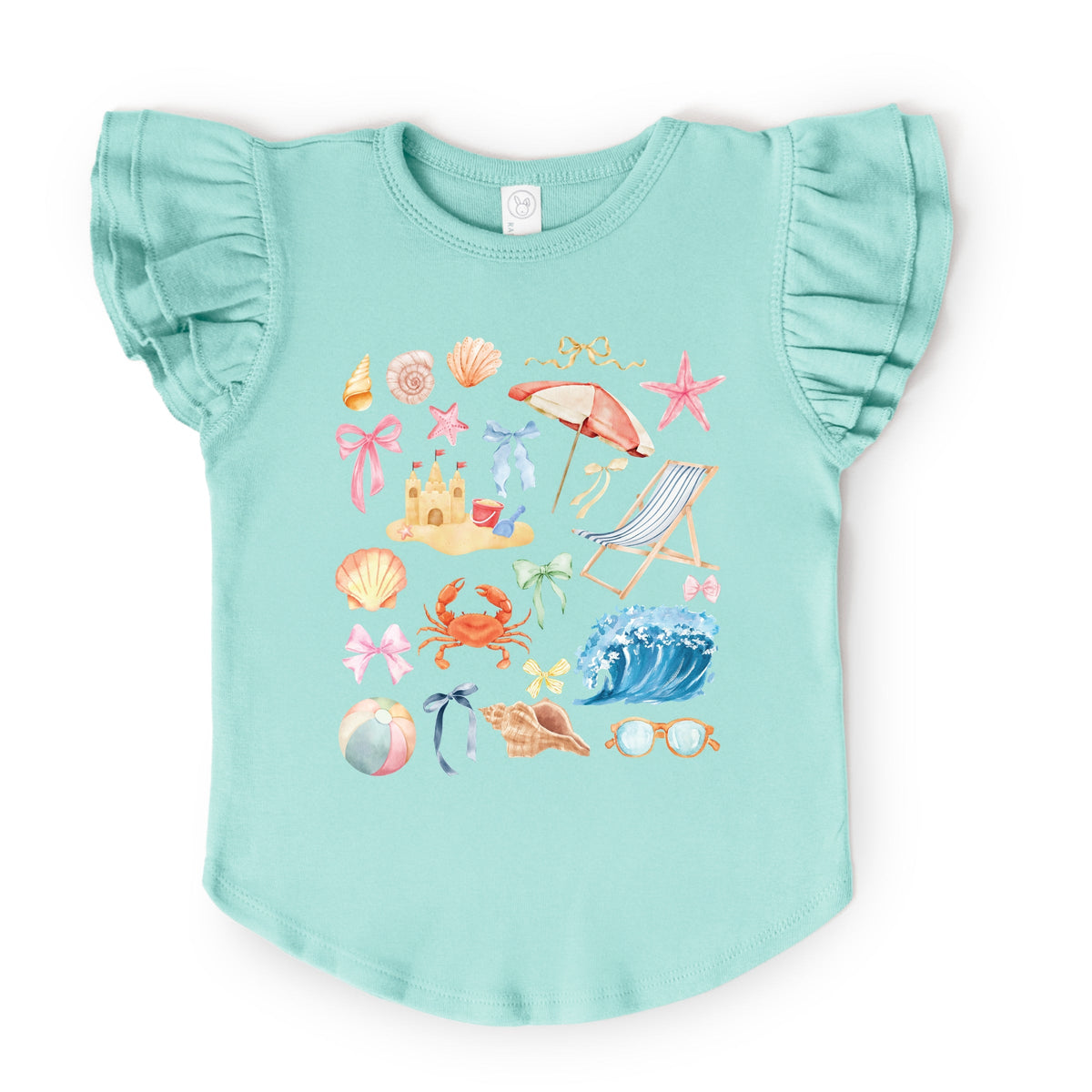 Beach Collage Watercolor - Flutter Sleeve Graphic T-Shirt