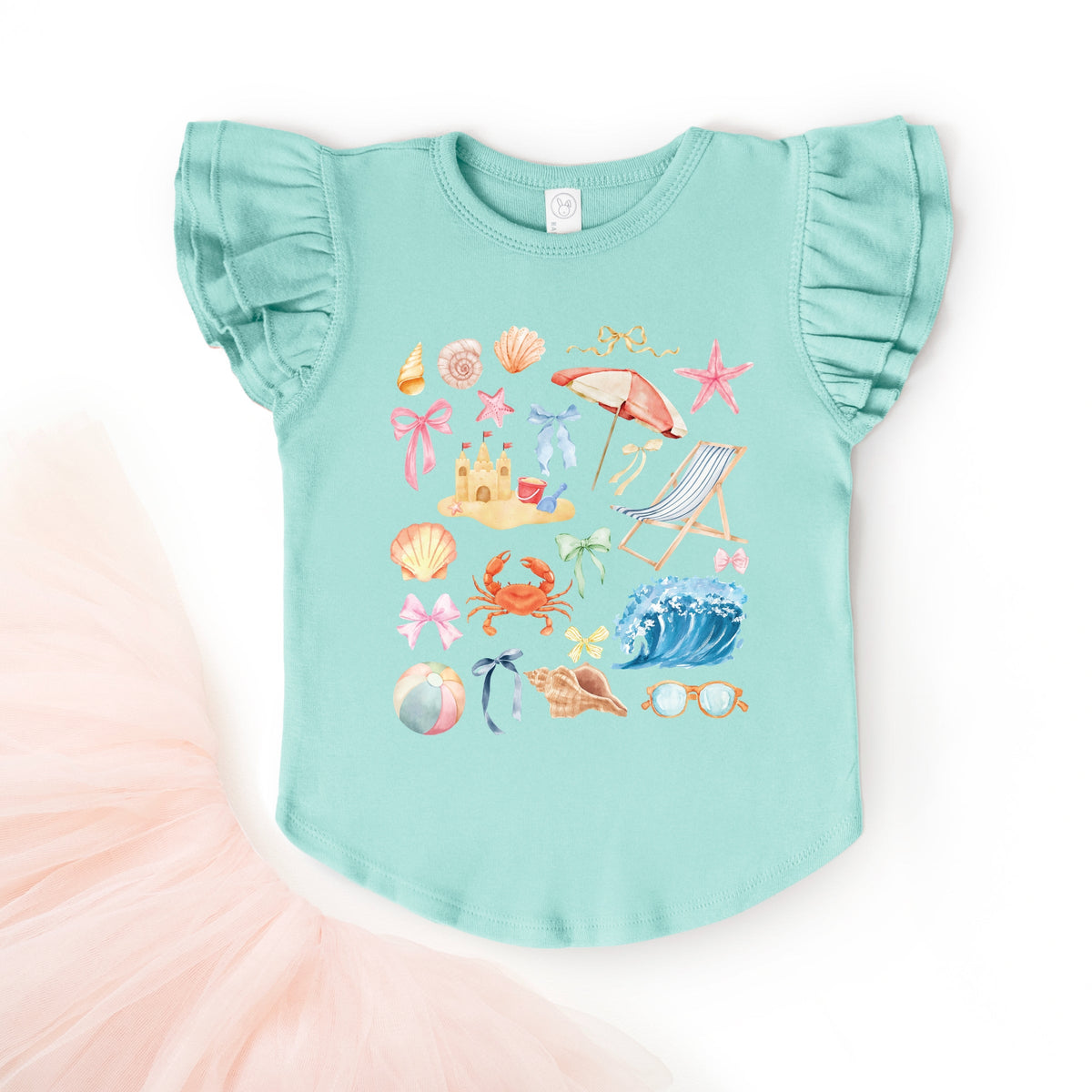 Beach Collage Watercolor - Flutter Sleeve Graphic T-Shirt