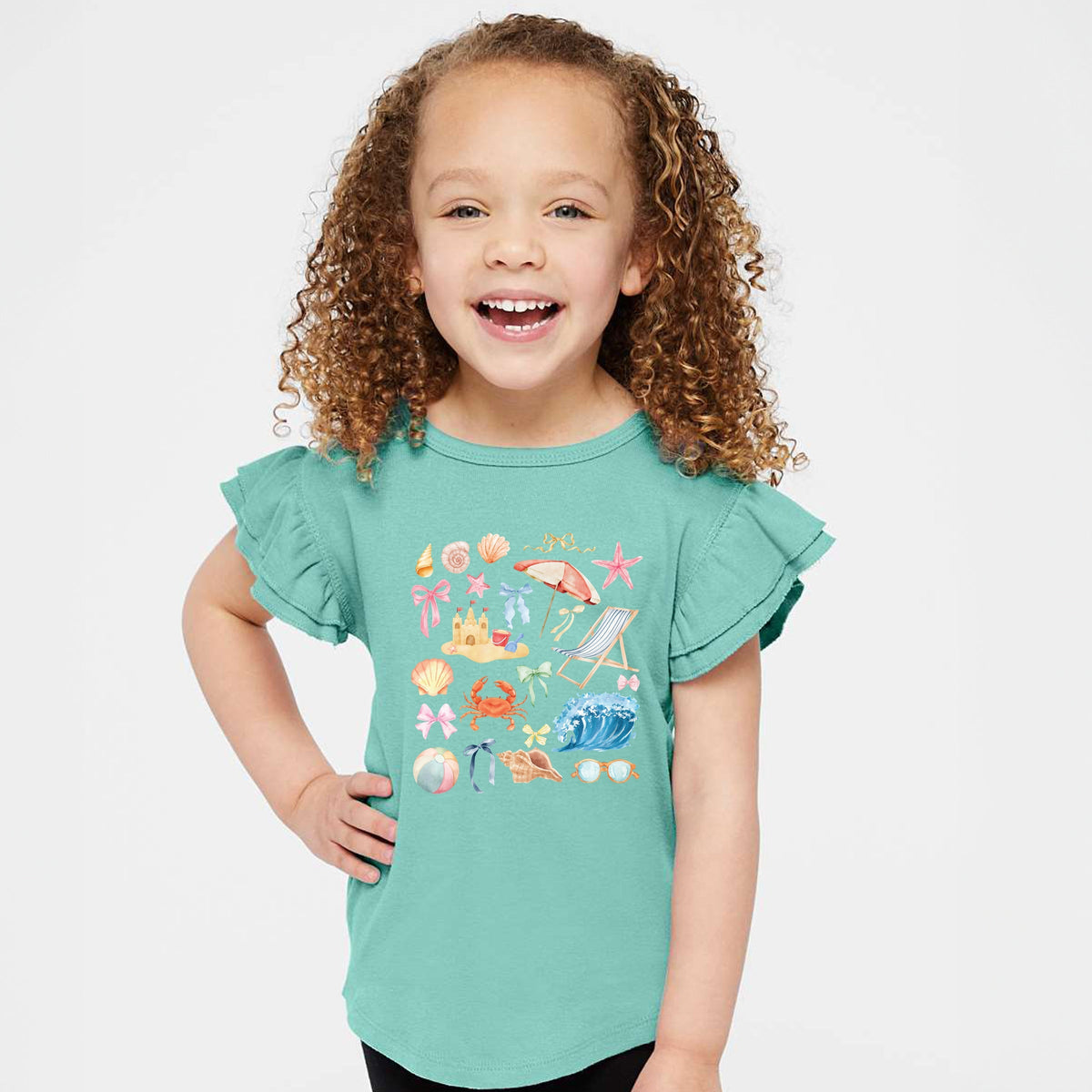 Beach Collage Watercolor - Flutter Sleeve Graphic T-Shirt