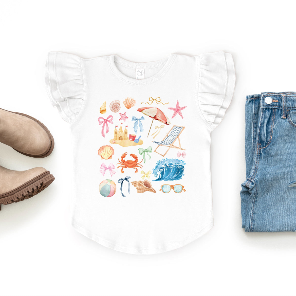 Beach Collage Watercolor - Flutter Sleeve Graphic T-Shirt