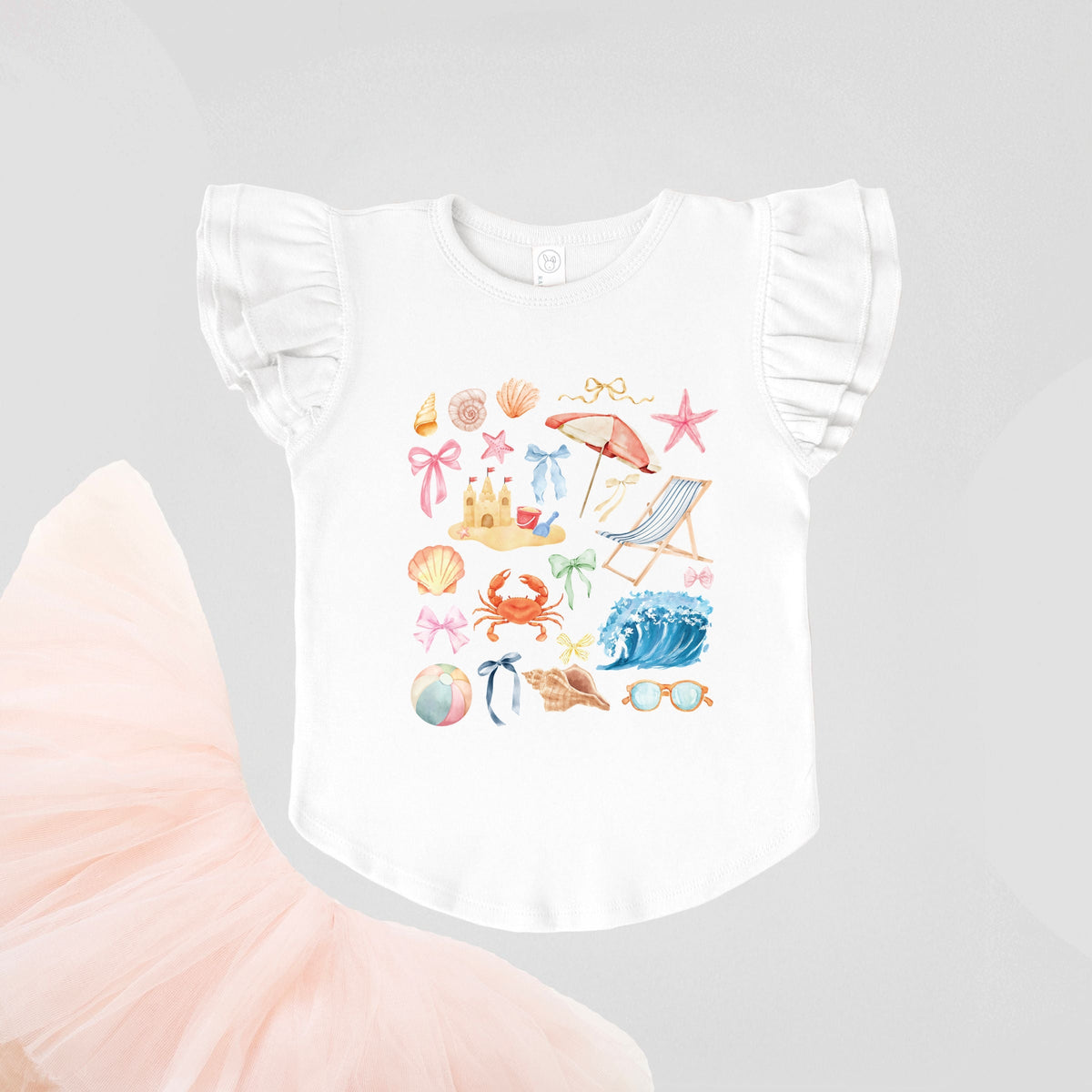 Beach Collage Watercolor - Flutter Sleeve Graphic T-Shirt