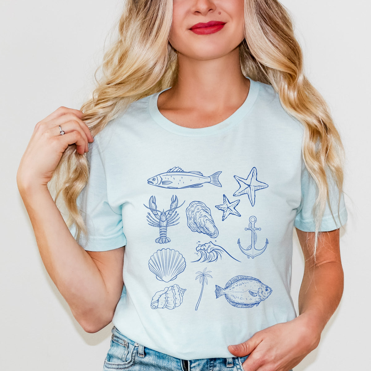 Outline Fish Collage Blue - Women's Short Sleeve Graphic T-Shirt
