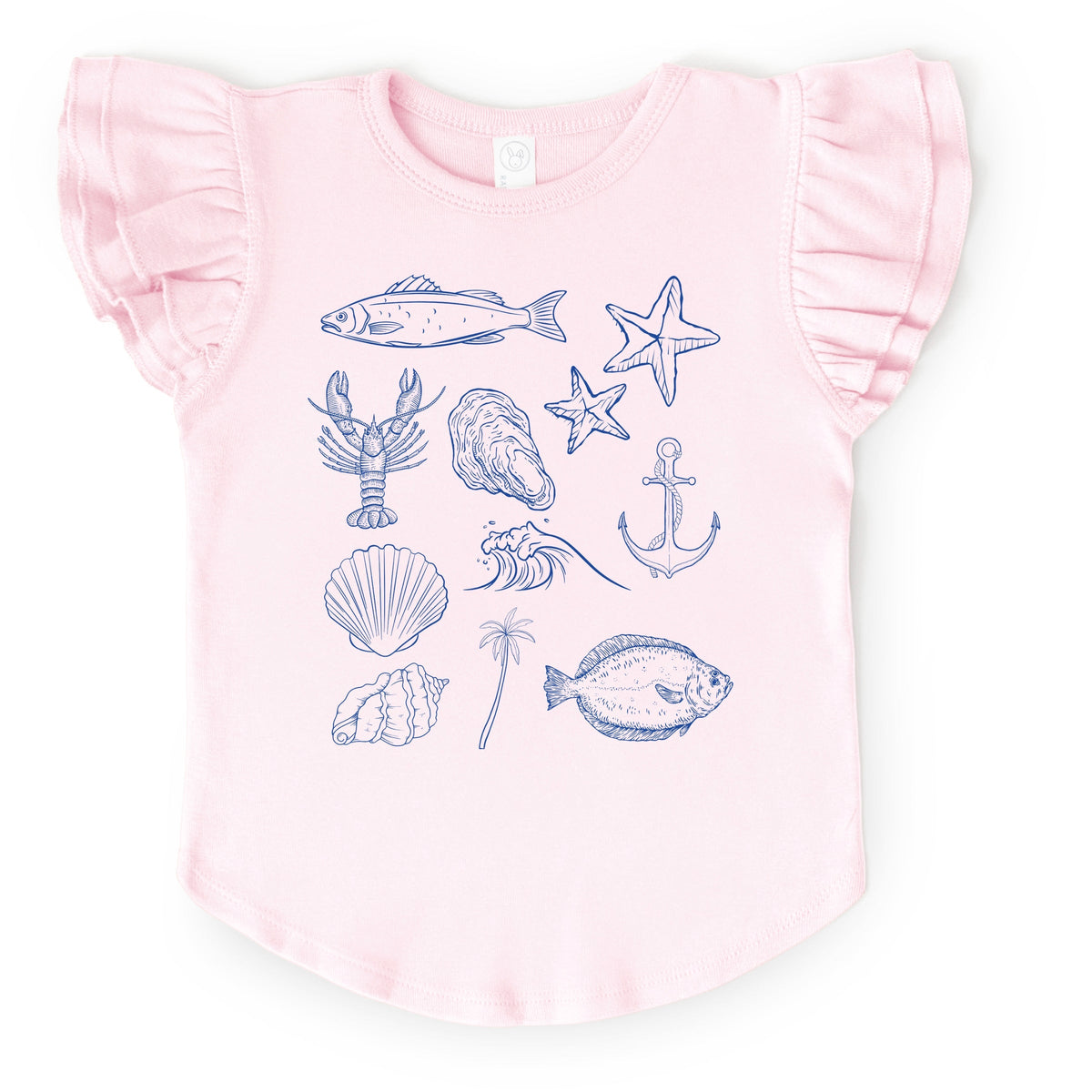 Outline Fish Collage Blue - Flutter Sleeve Graphic T-Shirt