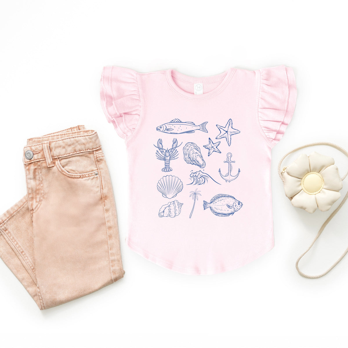 Outline Fish Collage Blue - Flutter Sleeve Graphic T-Shirt