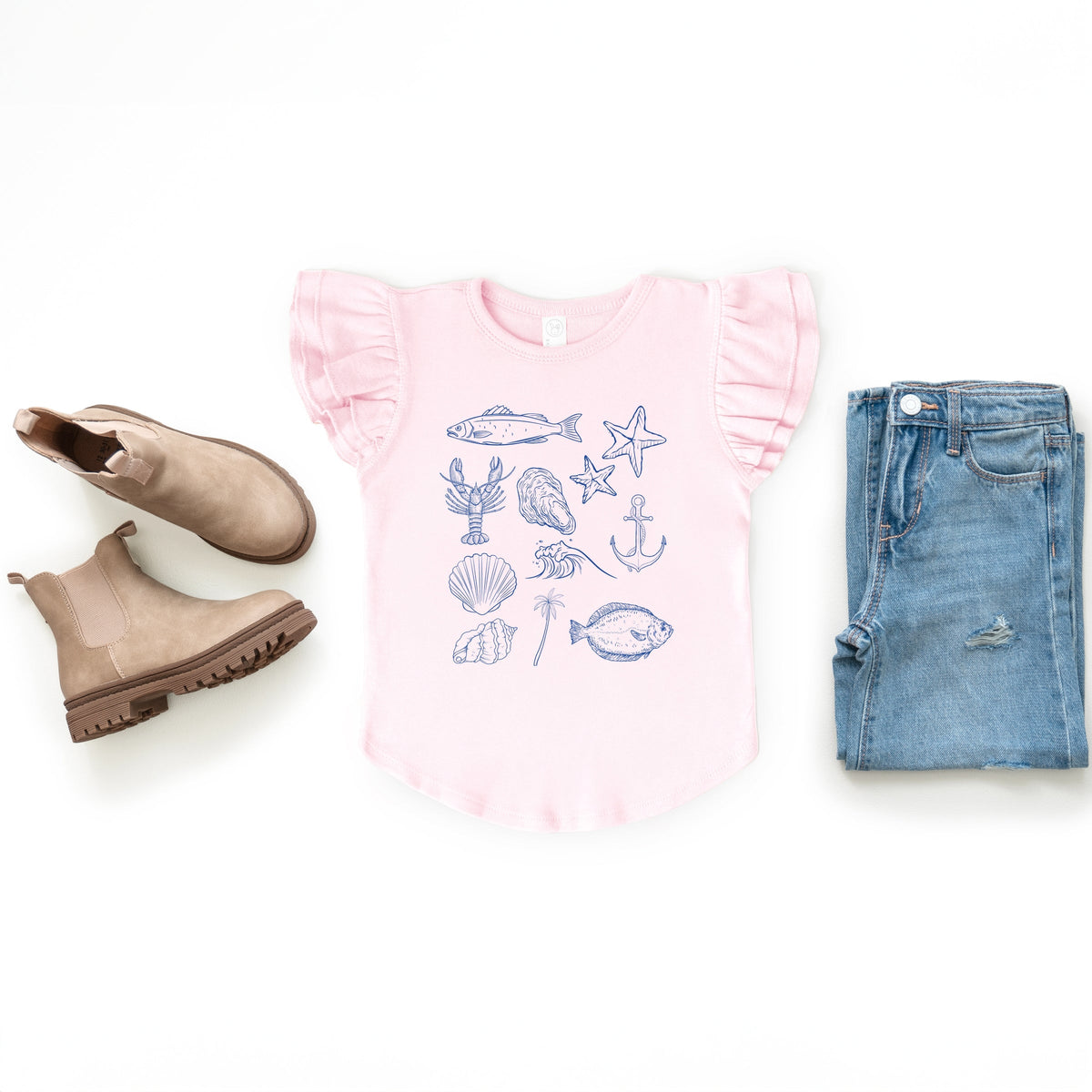 Outline Fish Collage Blue - Flutter Sleeve Graphic T-Shirt