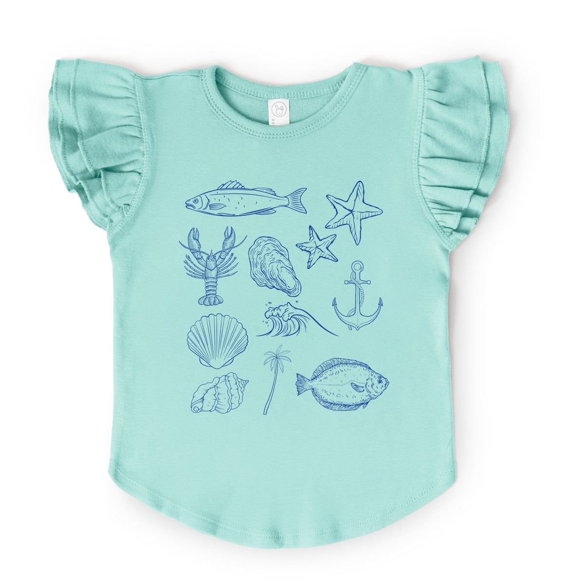 Outline Fish Collage Blue - Flutter Sleeve Graphic T-Shirt