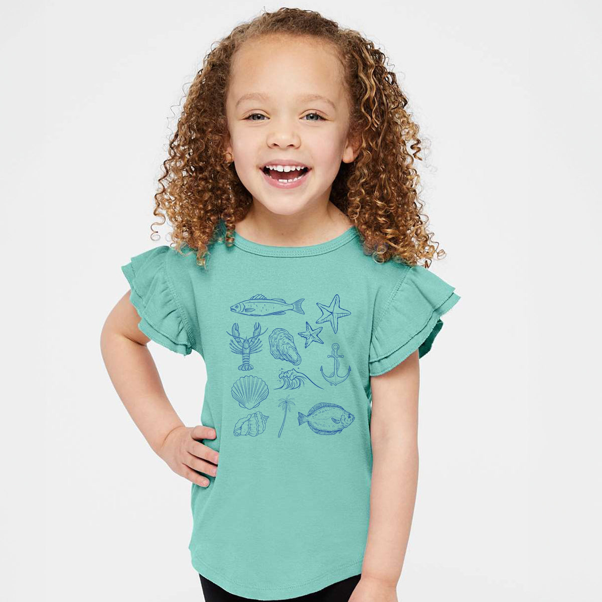 Outline Fish Collage Blue - Flutter Sleeve Graphic T-Shirt