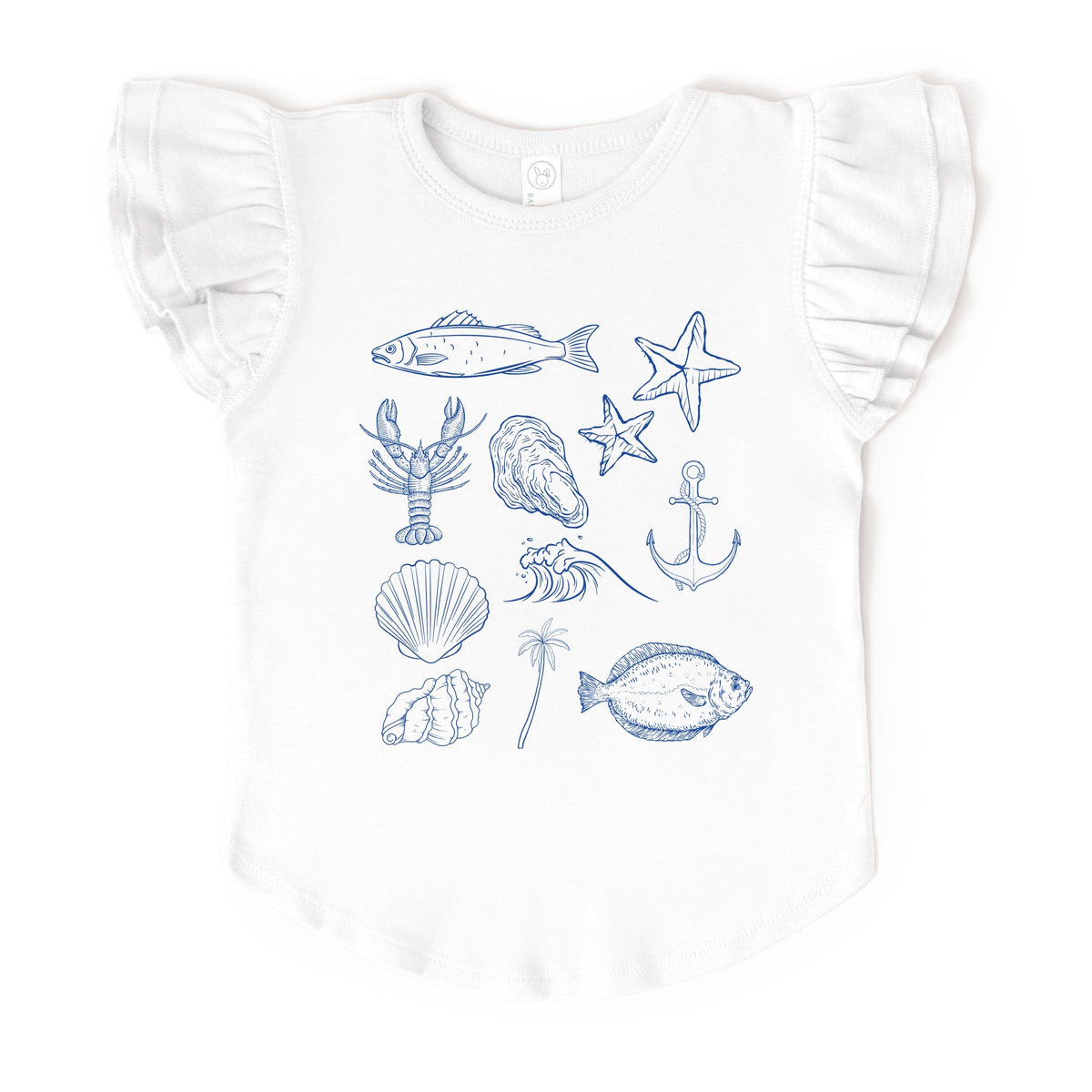 Outline Fish Collage Blue - Flutter Sleeve Graphic T-Shirt