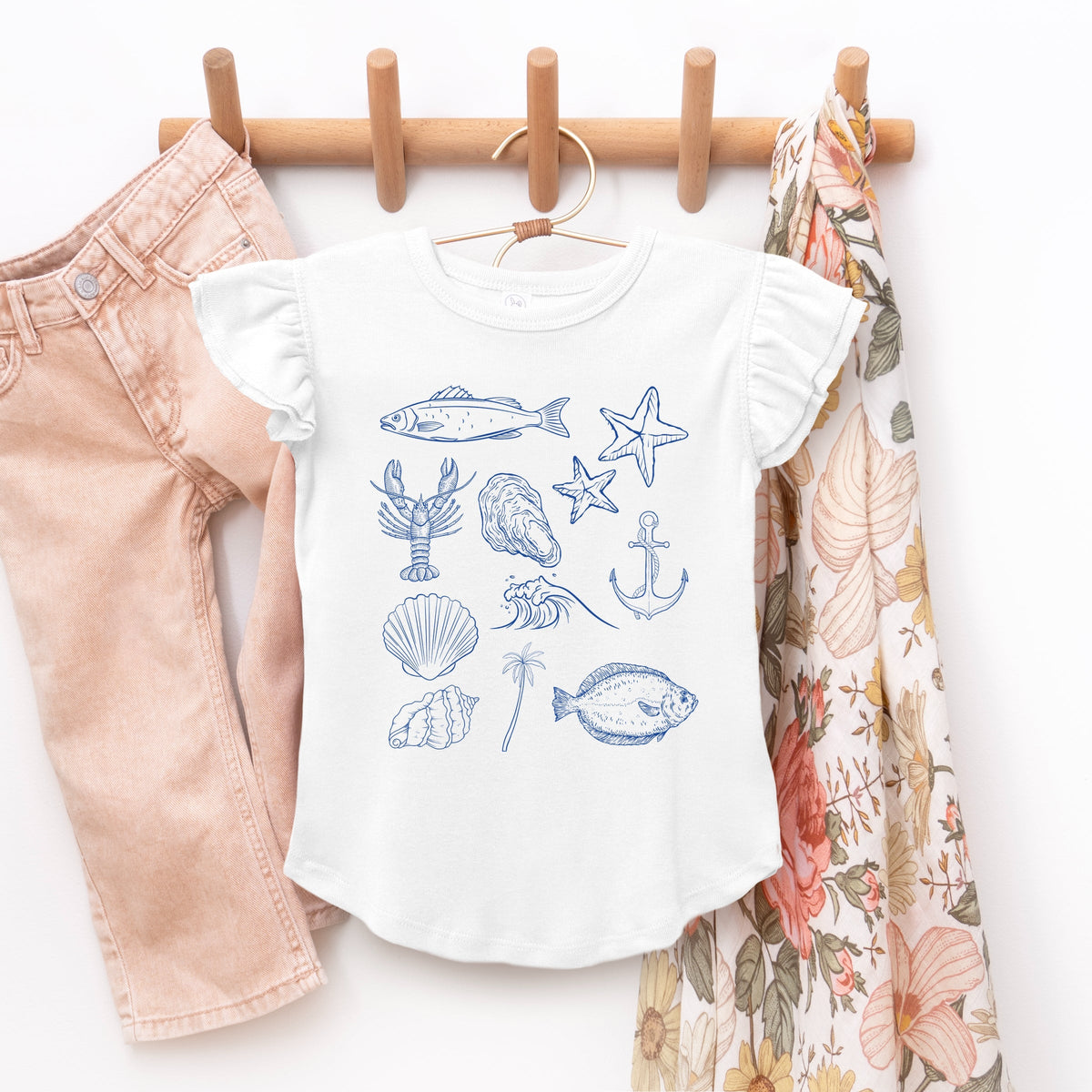 Outline Fish Collage Blue - Flutter Sleeve Graphic T-Shirt