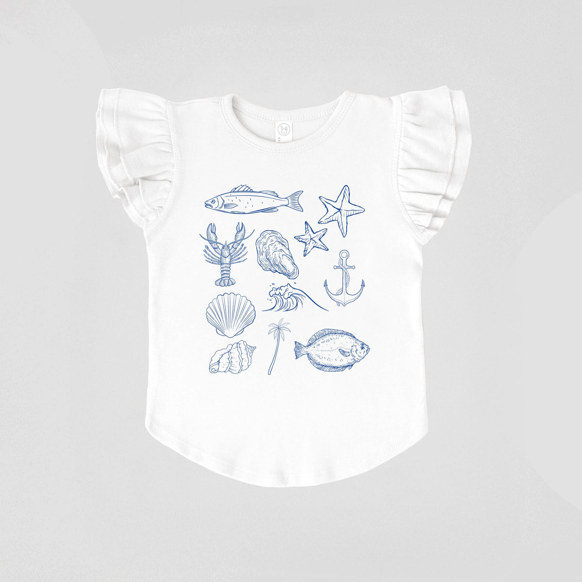 Outline Fish Collage Blue - Flutter Sleeve Graphic T-Shirt