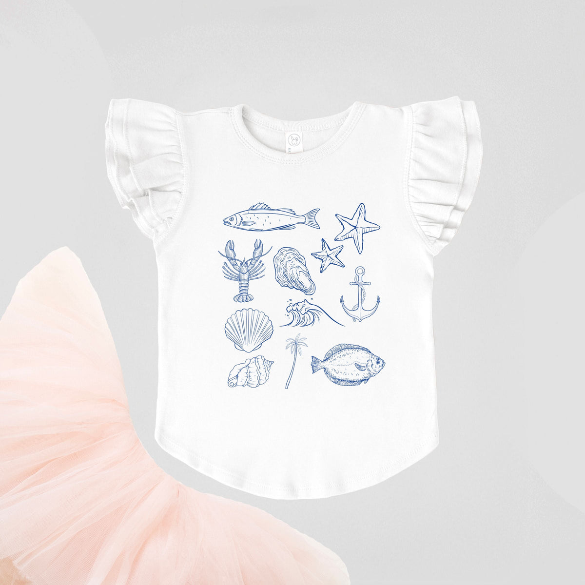 Outline Fish Collage Blue - Flutter Sleeve Graphic T-Shirt