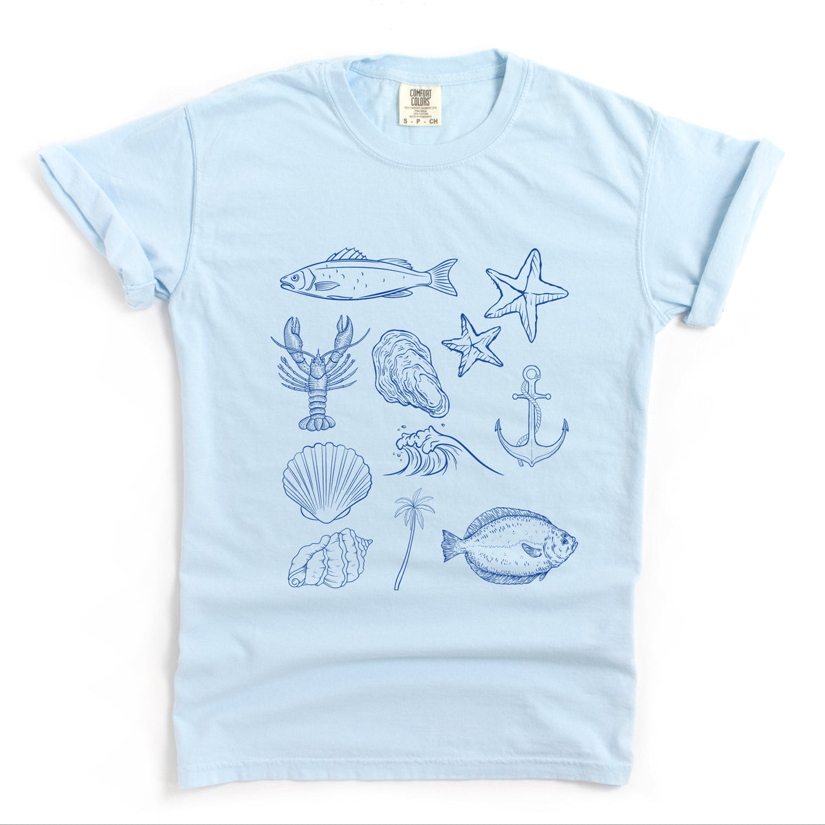 Outline Fish Collage Blue - Women's Garment Dyed Graphic T-Shirt