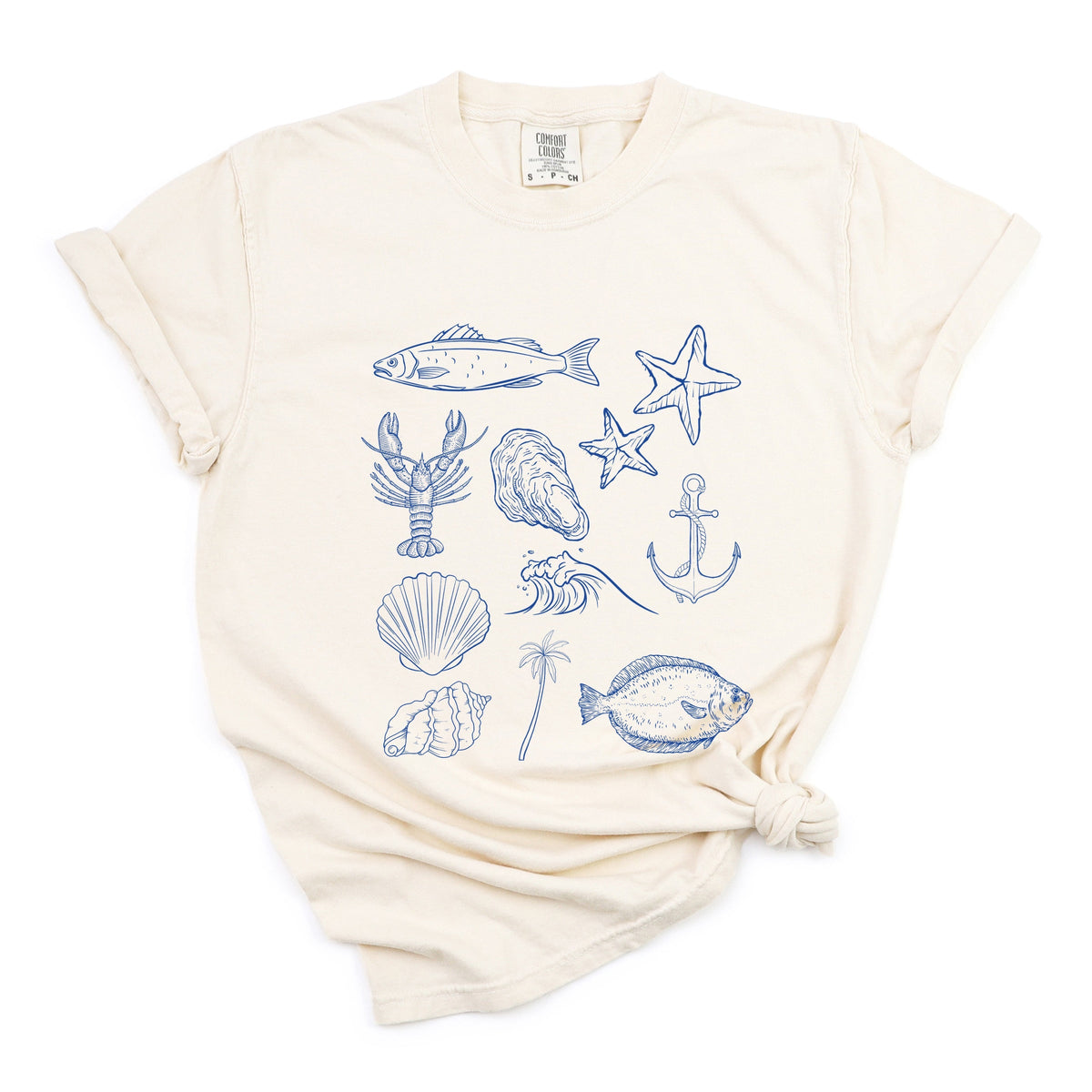 Outline Fish Collage Blue - Women's Garment Dyed Graphic T-Shirt