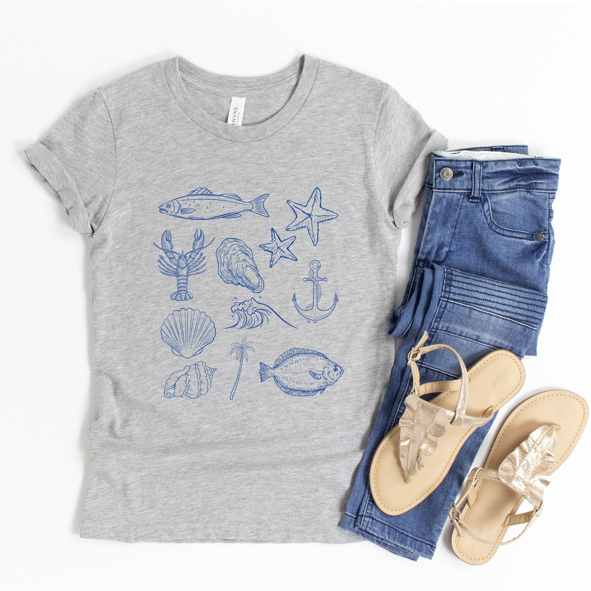 Outline Fish Collage Blue - Youth Short Sleeve Graphic T-Shirt