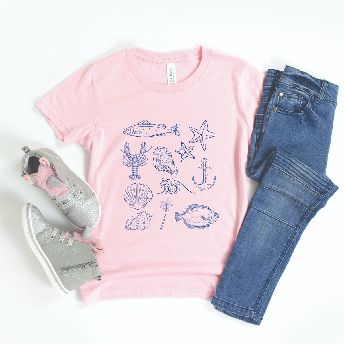 Outline Fish Collage Blue - Youth Short Sleeve Graphic T-Shirt