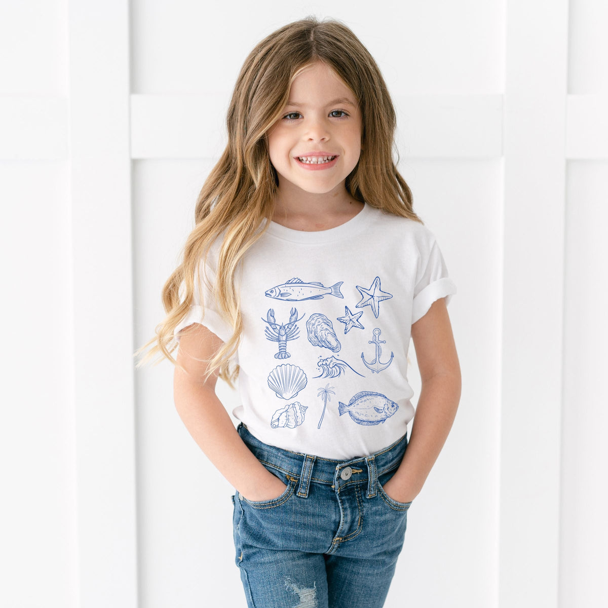 Outline Fish Collage Blue - Youth Short Sleeve Graphic T-Shirt