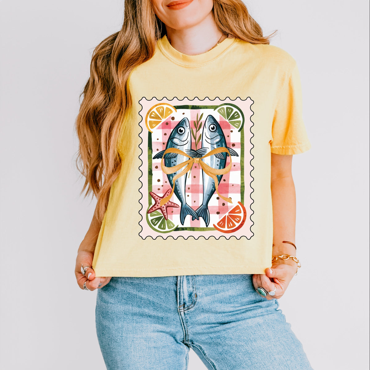 Sardines Stamp - Women's Boxy Crop Top Graphic T-Shirt