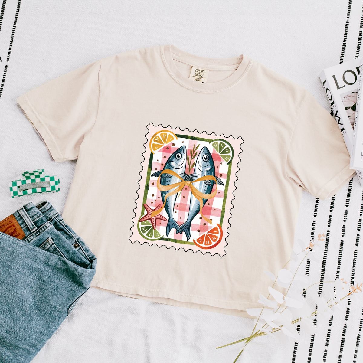 Sardines Stamp - Women's Boxy Crop Top Graphic T-Shirt