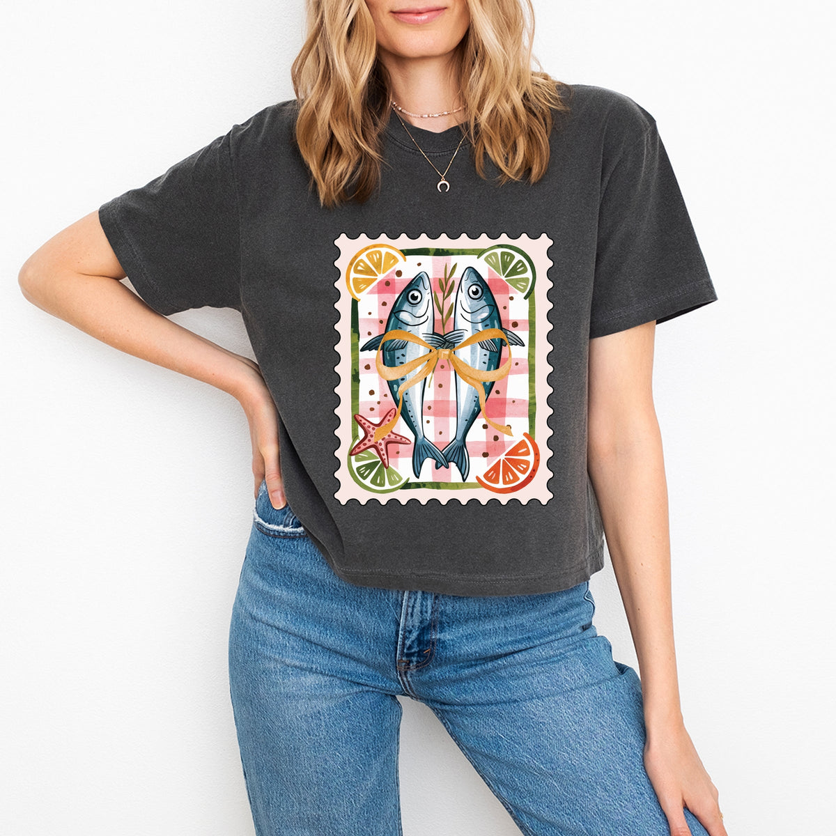 Sardines Stamp - Women's Boxy Crop Top Graphic T-Shirt