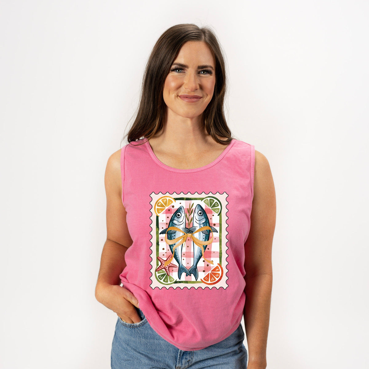 Sardines Stamp - Women's Garment Dyed Graphic Tank Top