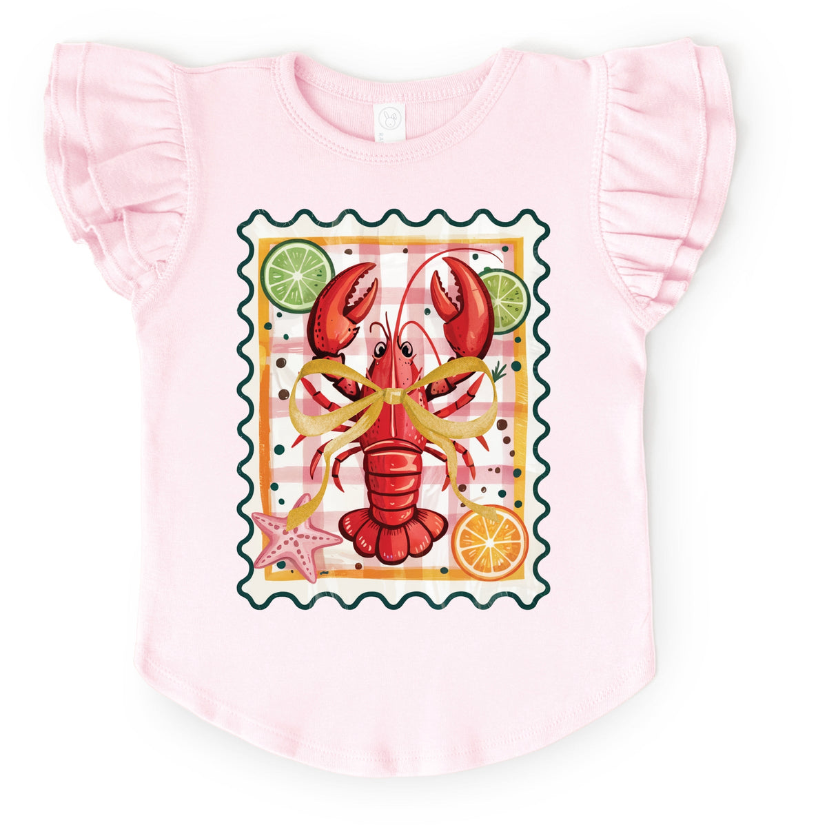 Lobster Stamp Checkered - Flutter Sleeve Graphic T-Shirt