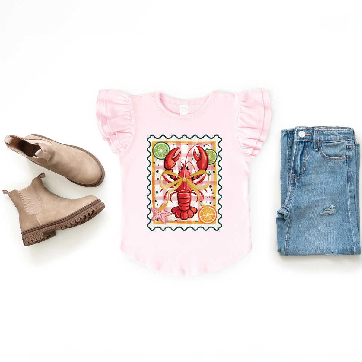Lobster Stamp Checkered - Flutter Sleeve Graphic T-Shirt
