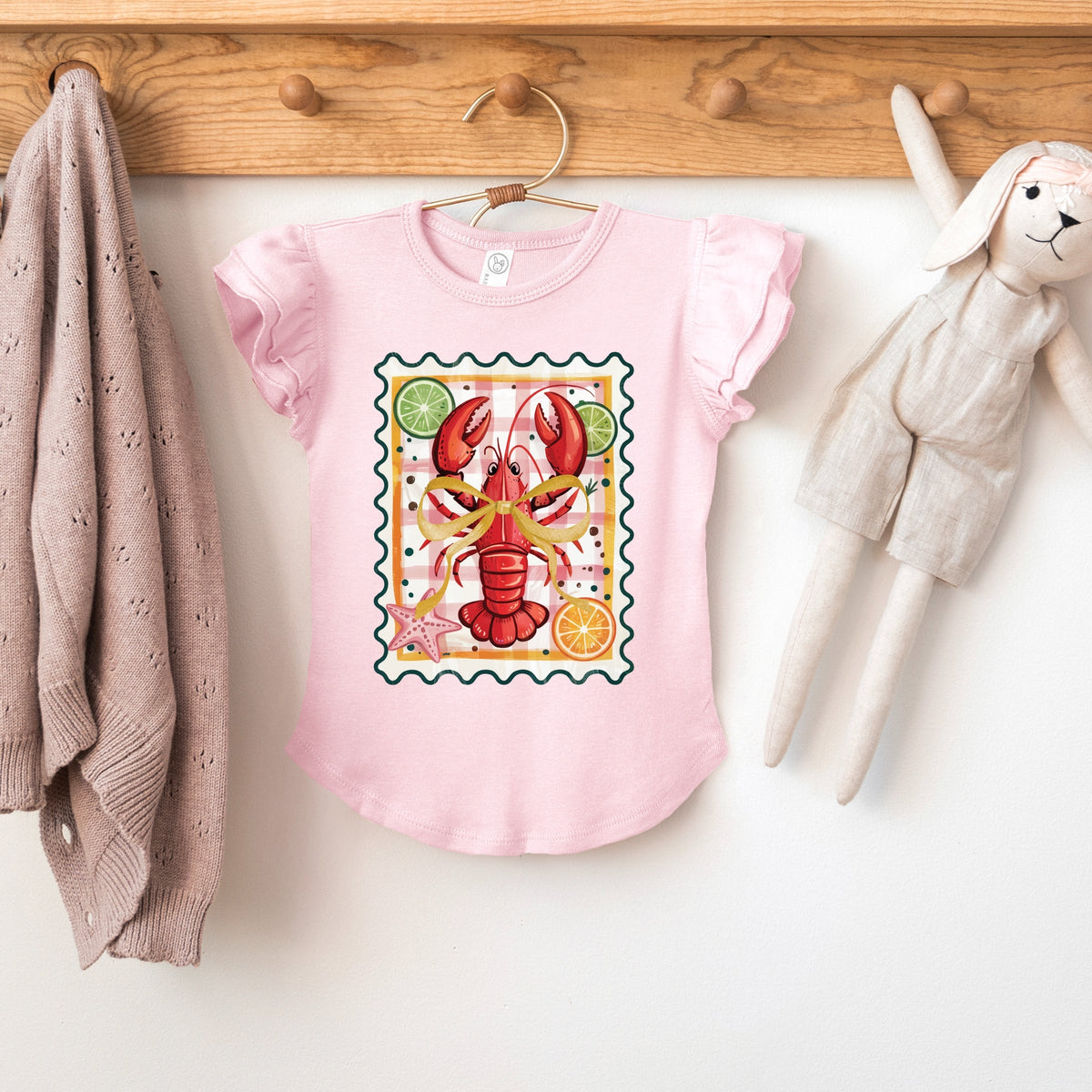 Lobster Stamp Checkered - Flutter Sleeve Graphic T-Shirt