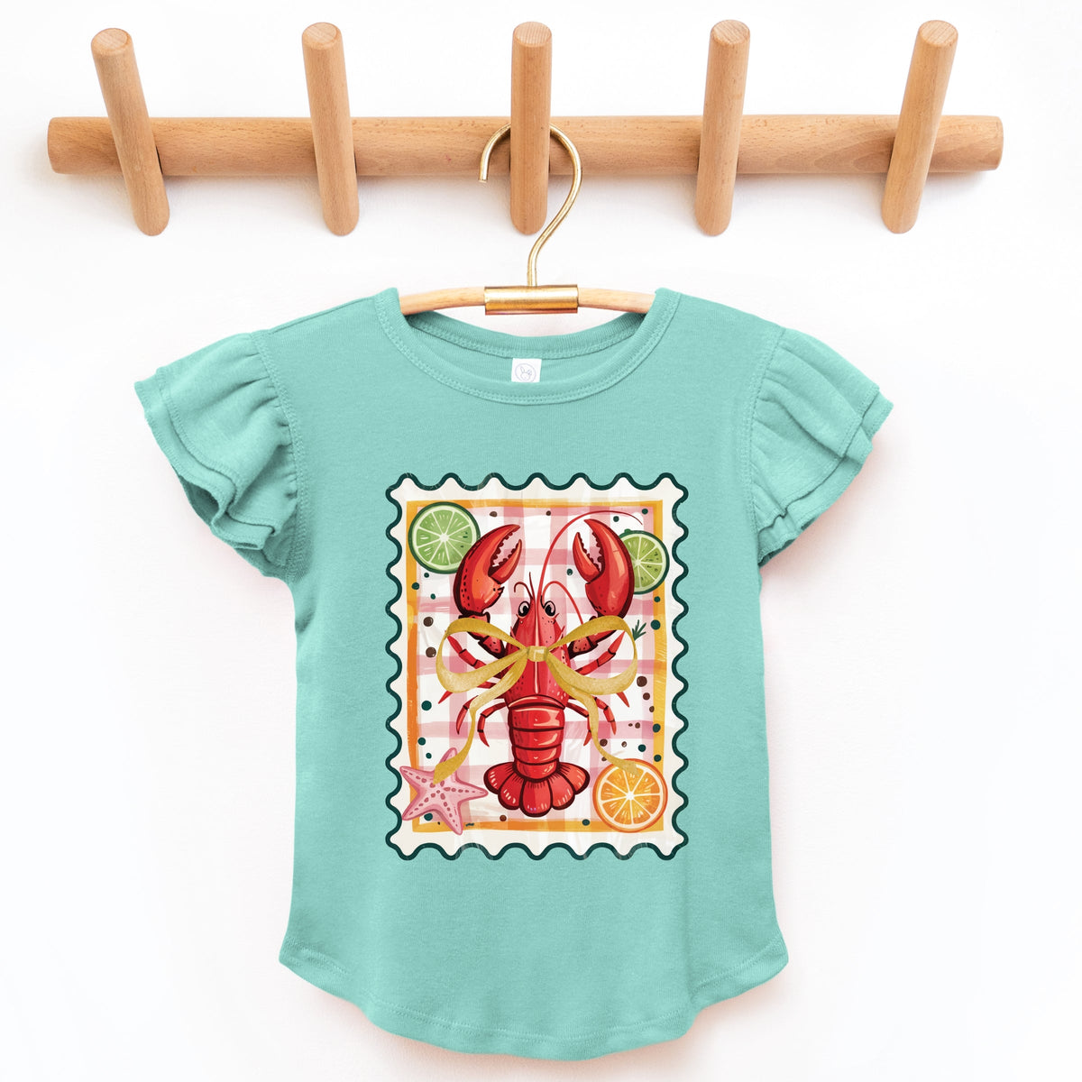 Lobster Stamp Checkered - Flutter Sleeve Graphic T-Shirt