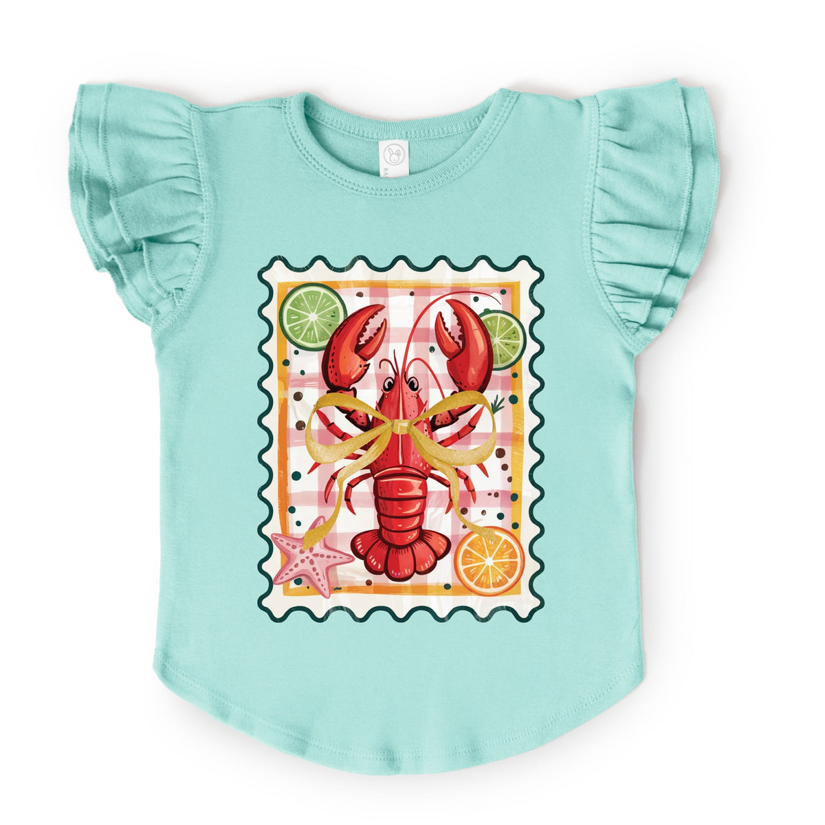 Lobster Stamp Checkered - Flutter Sleeve Graphic T-Shirt