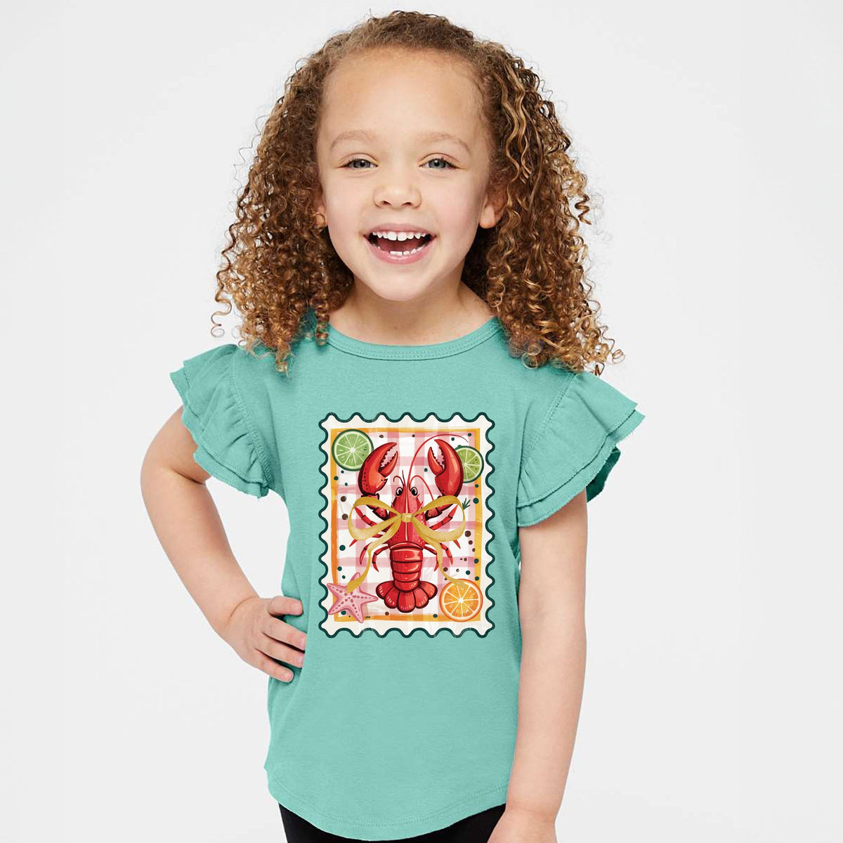 Lobster Stamp Checkered - Flutter Sleeve Graphic T-Shirt