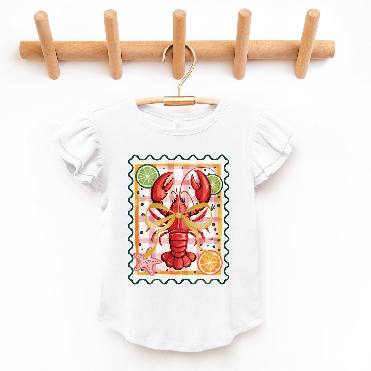 Lobster Stamp Checkered - Flutter Sleeve Graphic T-Shirt