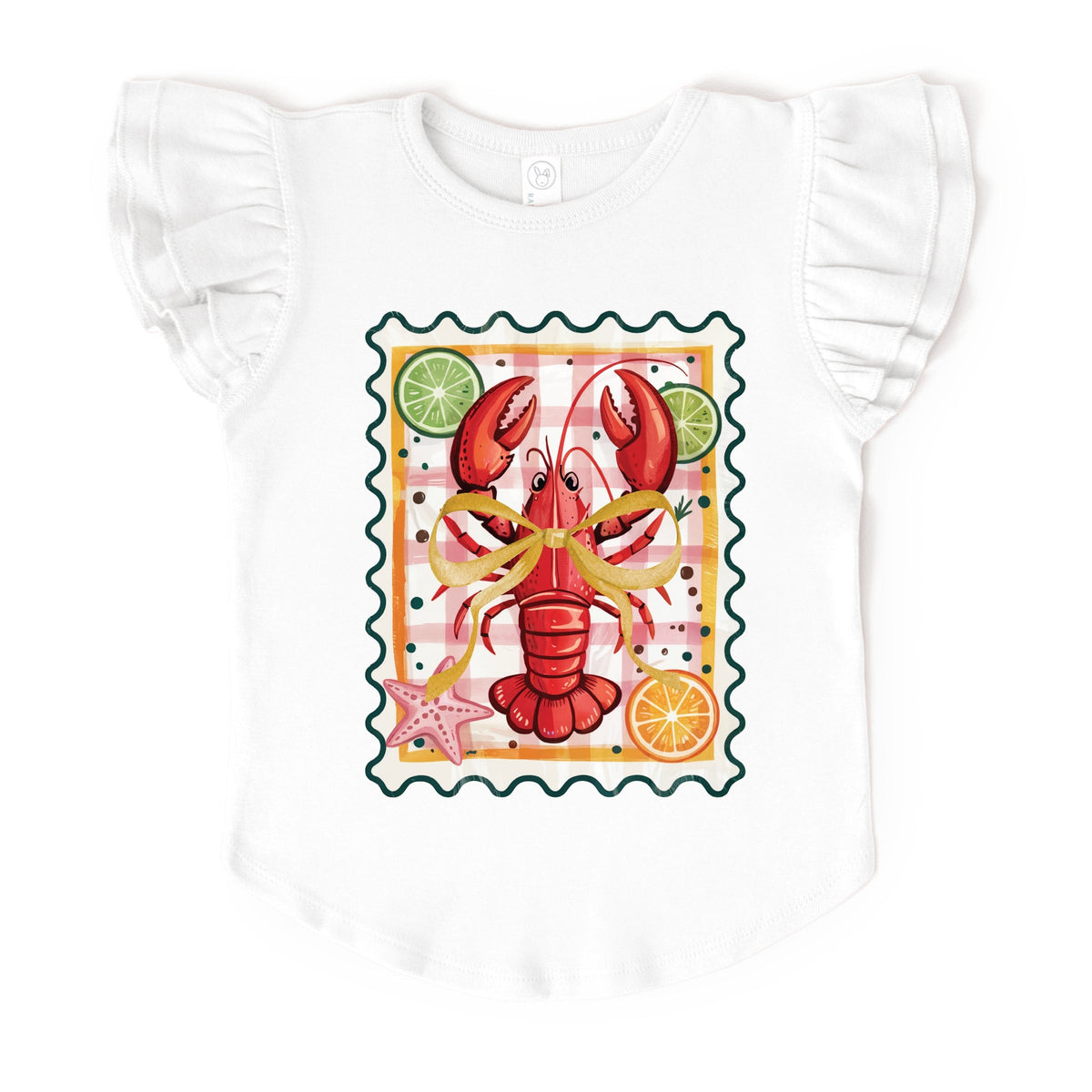 Lobster Stamp Checkered - Flutter Sleeve Graphic T-Shirt