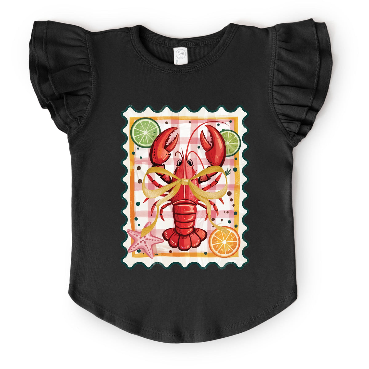 Lobster Stamp Checkered - Flutter Sleeve Graphic T-Shirt