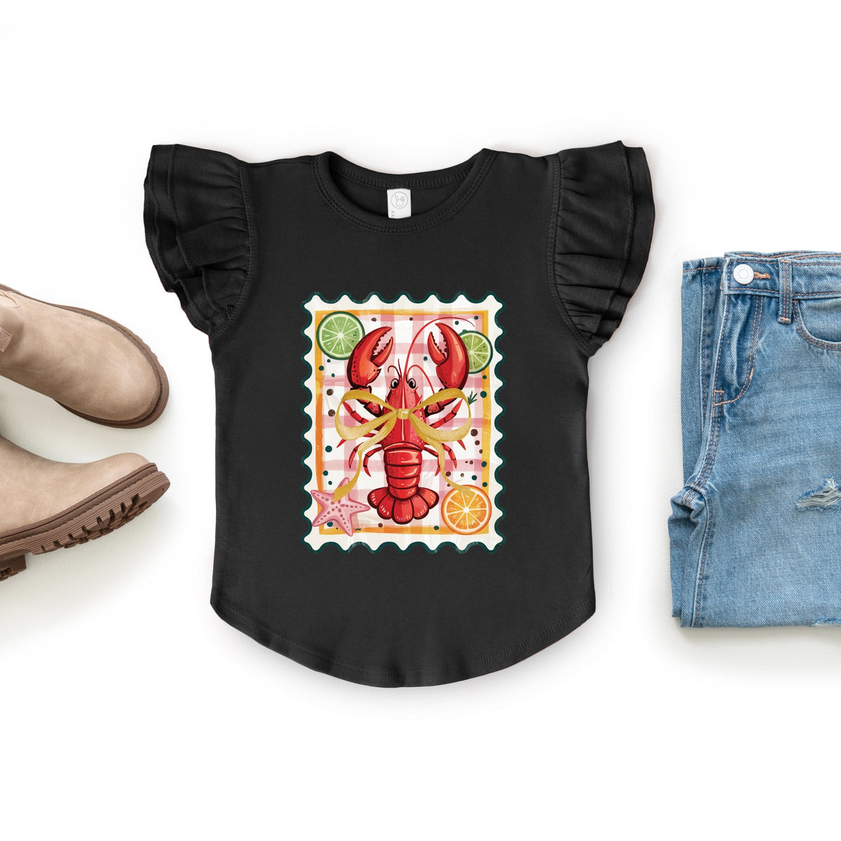 Lobster Stamp Checkered - Flutter Sleeve Graphic T-Shirt
