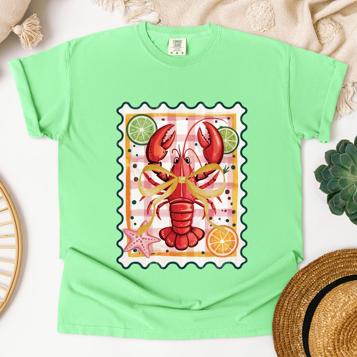 Lobster Stamp Checkered - Women's Garment Dyed Graphic T-Shirt
