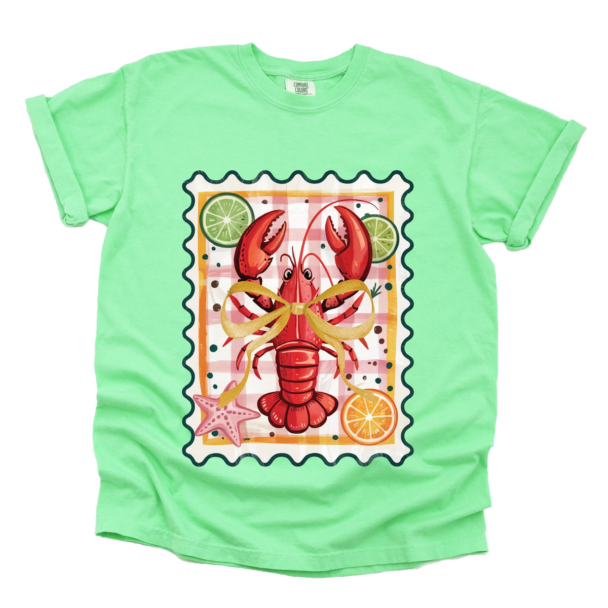 Lobster Stamp Checkered - Women's Garment Dyed Graphic T-Shirt