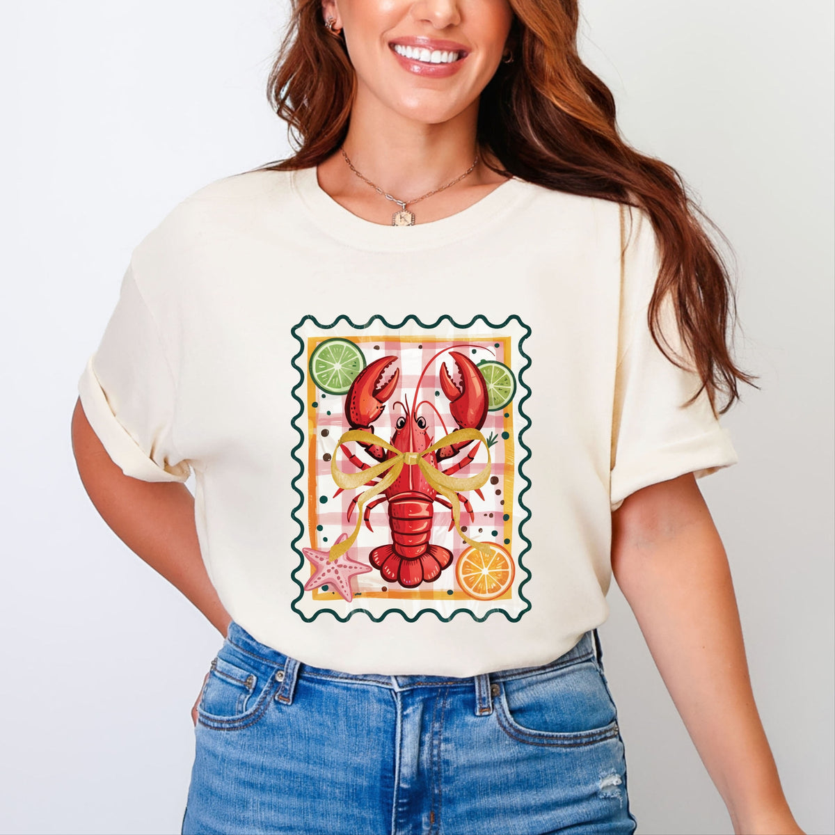 Lobster Stamp Checkered - Women's Garment Dyed Graphic T-Shirt