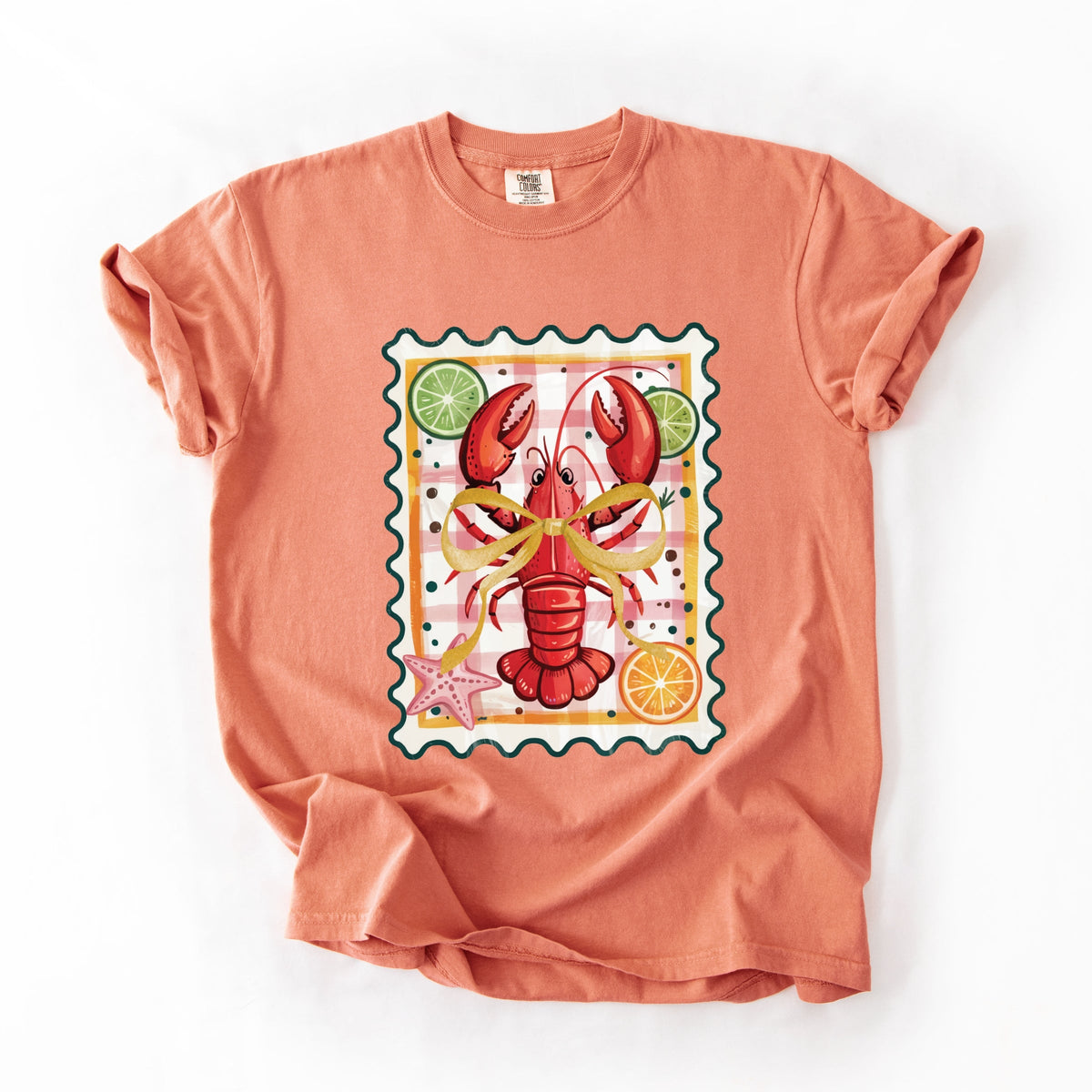 Lobster Stamp Checkered - Women's Garment Dyed Graphic T-Shirt