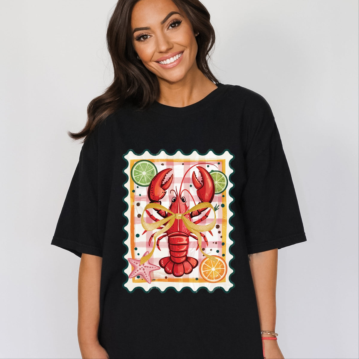 Lobster Stamp Checkered - Women's Garment Dyed Graphic T-Shirt