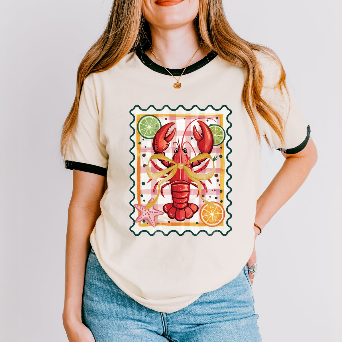 Lobster Stamp Checkered - Women's Ringer Graphic T-Shirt