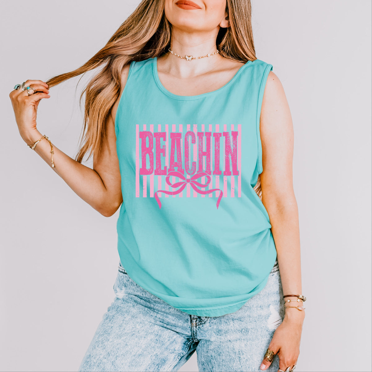 Beachin Coquette Stripes - Women's Garment Dyed Graphic Tank Top